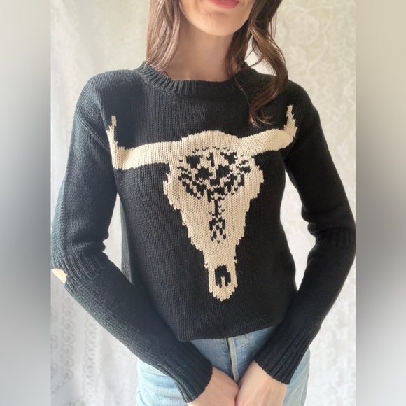 Western Bull Skull Sweater Desert Graphic Knit Pullover - Picture 4 of 16